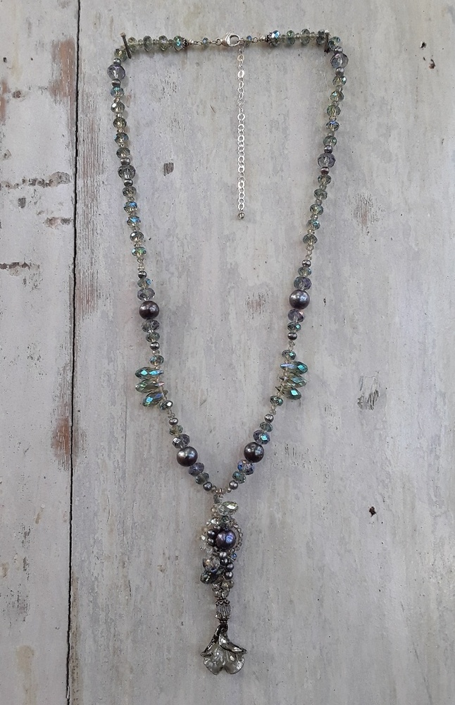 Crystal, pearl, glass and silver necklace